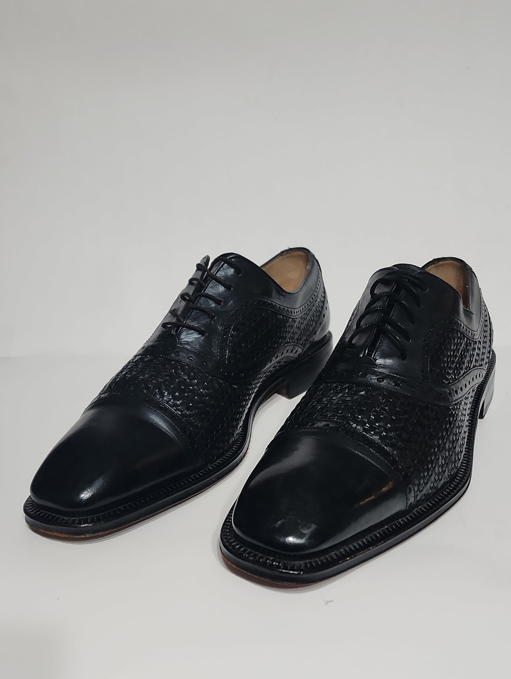 Mezlan Woven Leather Dubai Black Cap Toe Oxfords Size 9.5 Made In Spain